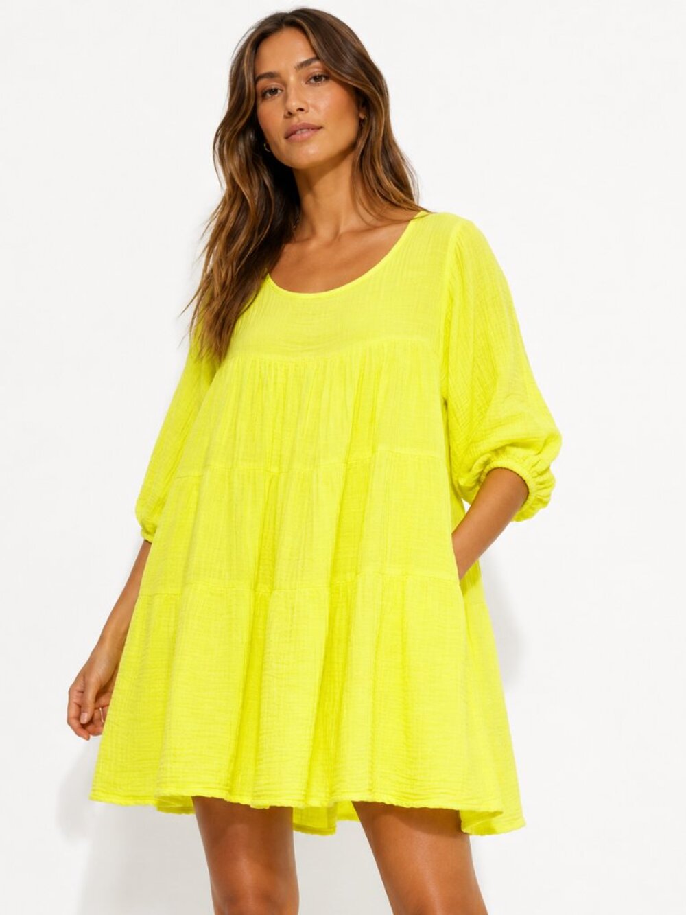ANAAK Nina Mini Dress Neon Yellow Cotton Gauze Babydoll Size 0